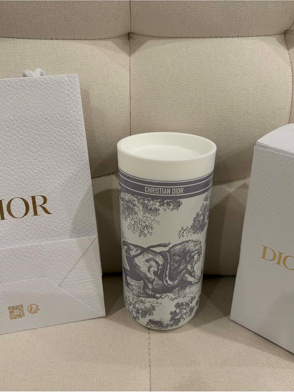 Dior White and Gray Ceramic Tumbler with Toile de Jouy Elephant Motif